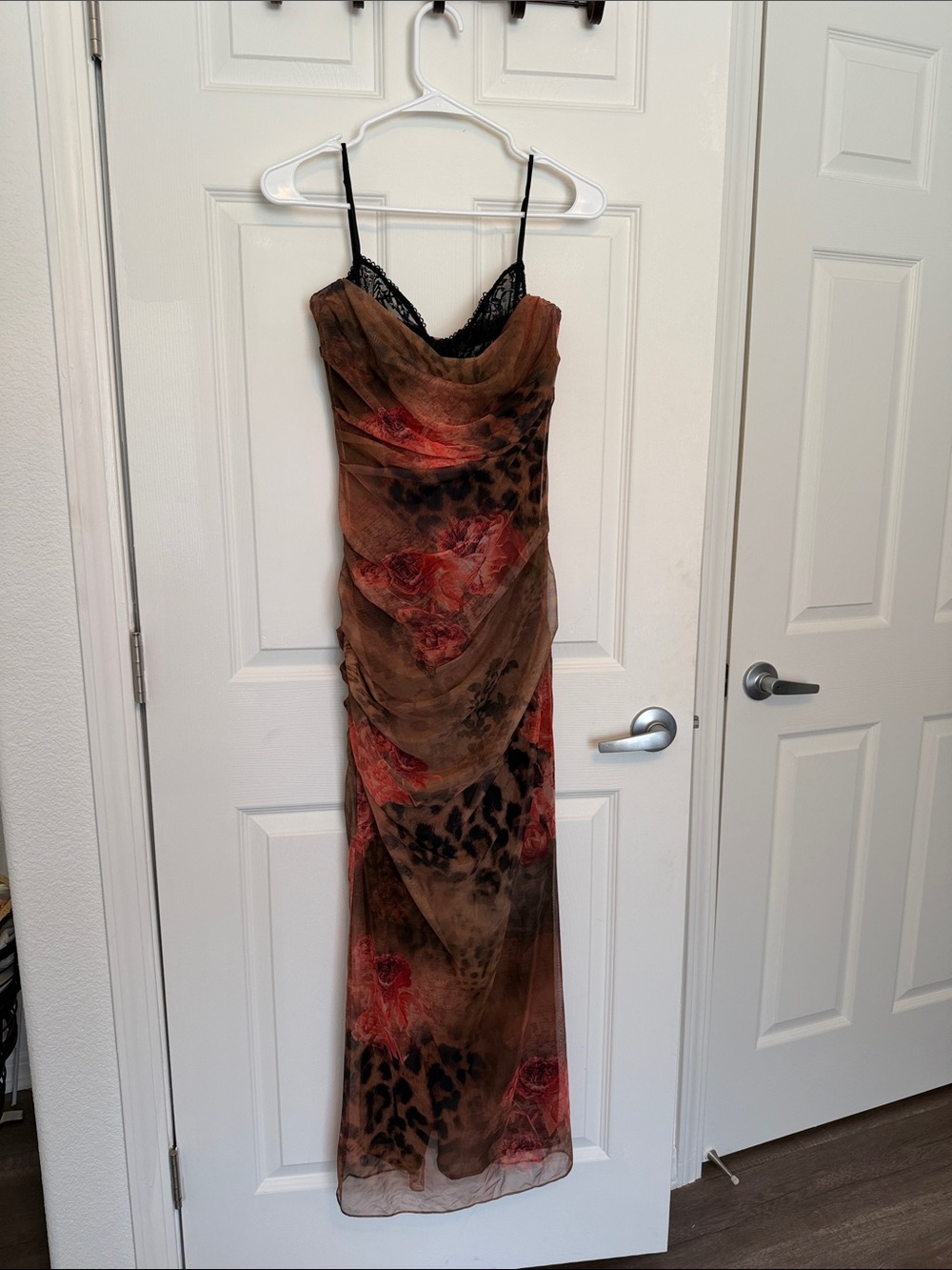 House of CB Brown Slip Maxi Dress with Red Floral Accents and Black Lace
